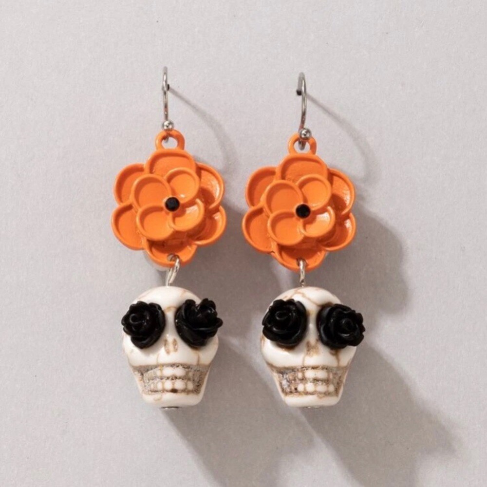 Orange Flower Sugar Skull Skeleton Earrings - Picture 6 of 7
